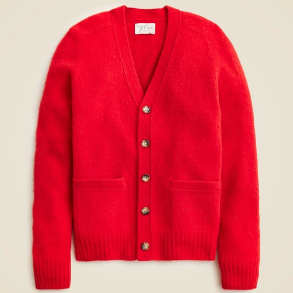 J Crew Wool Cardigan Mens Medium Red Sweater Fuzzy Hairy Brushed Button Up - Picture 1 of 5